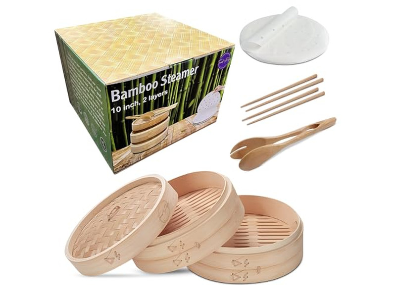 Cesta de Vapor de Bambú para Olla Profunda con Tapa para Brócoli